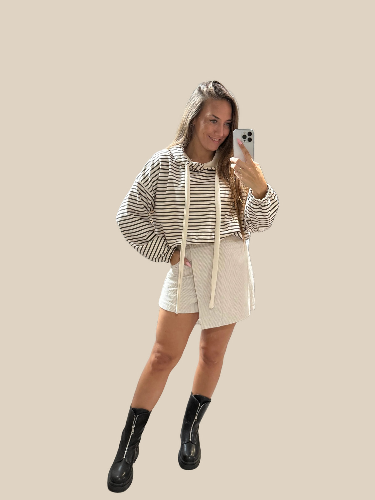 GESTREIFTER HOODIE -3229- BEIGE - Sarahs Modeboutique