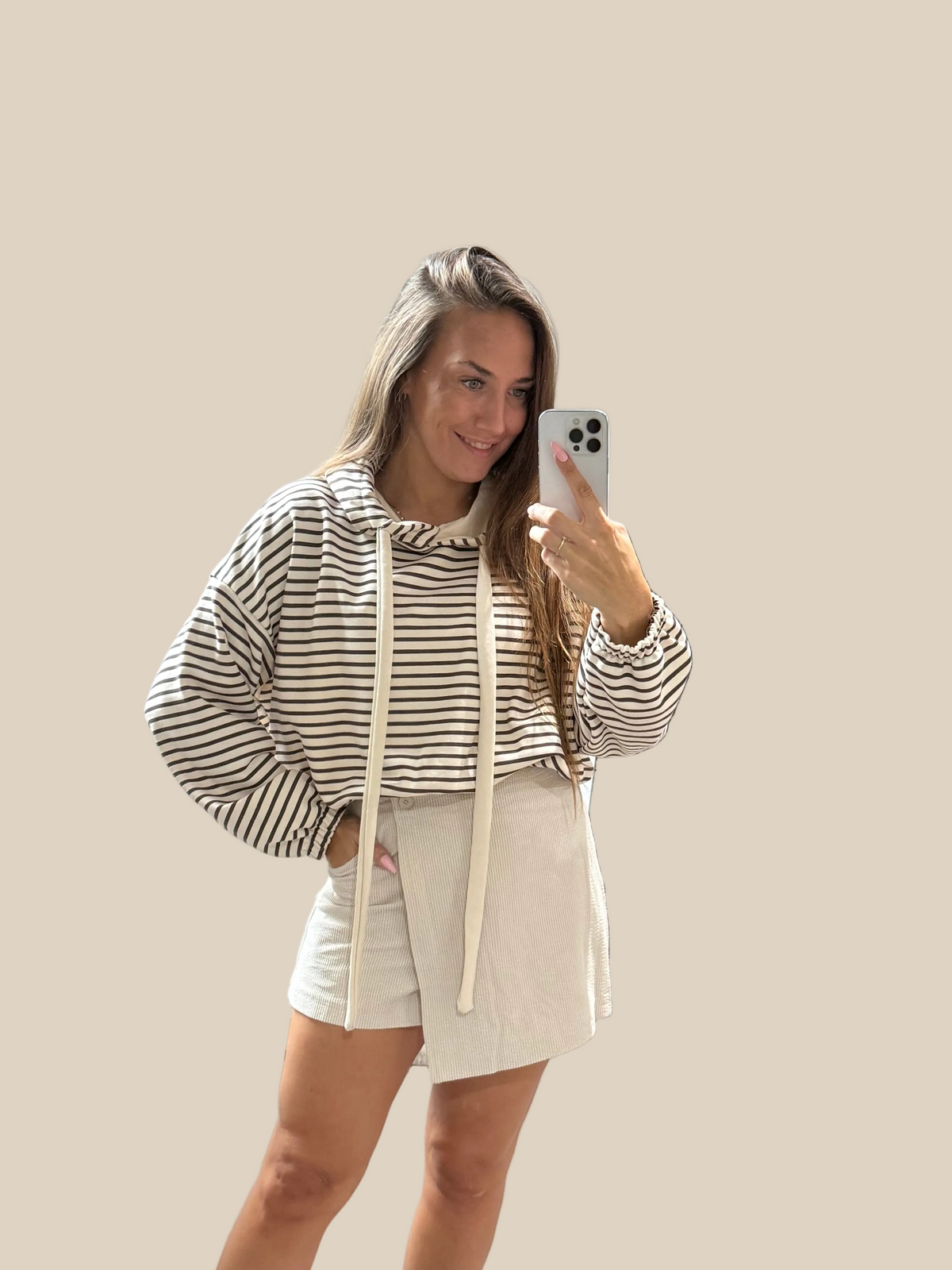 GESTREIFTER HOODIE -3229- BEIGE - Sarahs Modeboutique