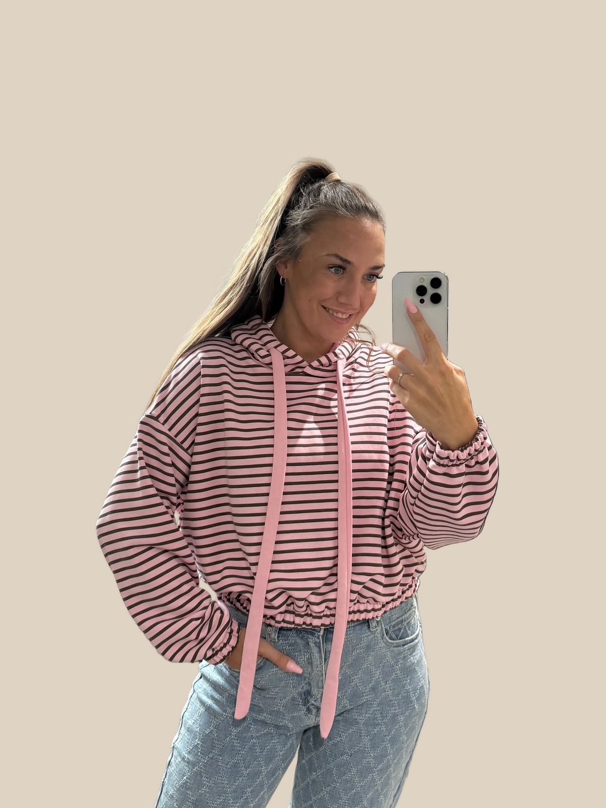 GESTREIFTER HOODIE -3229- ROSA - Sarahs Modeboutique