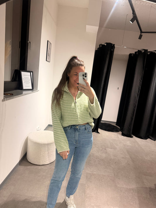 GESTREIFTE STRICKJACKE MIT REISSVERSCHLUSS -4334- MINT - Sarahs Modeboutique