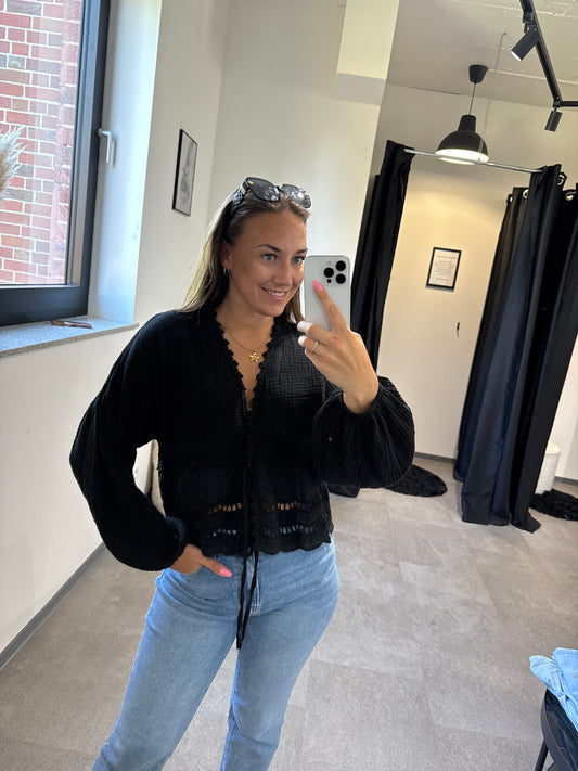 MUSSELINBLUSE MIT SPITZE -1222- SCHWARZ