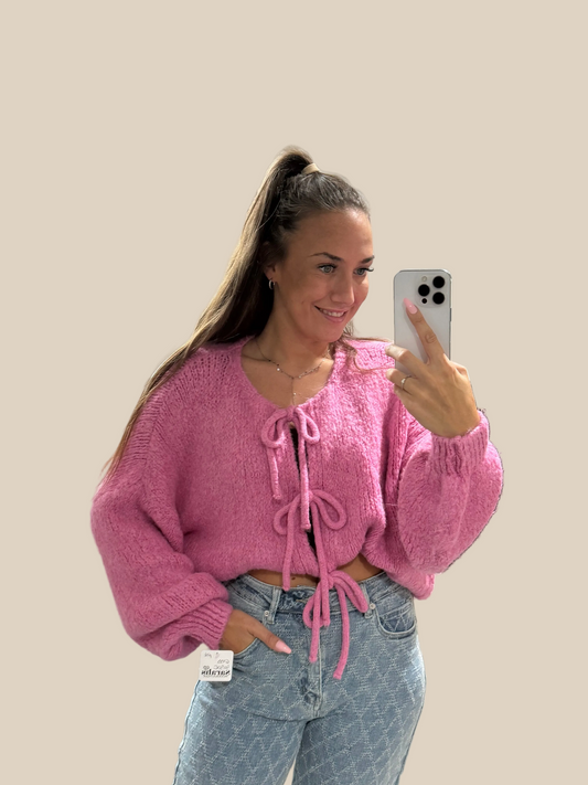 STRICKJACKE MIT SCHLEIFEN -6799- PINK - Sarahs Modeboutique