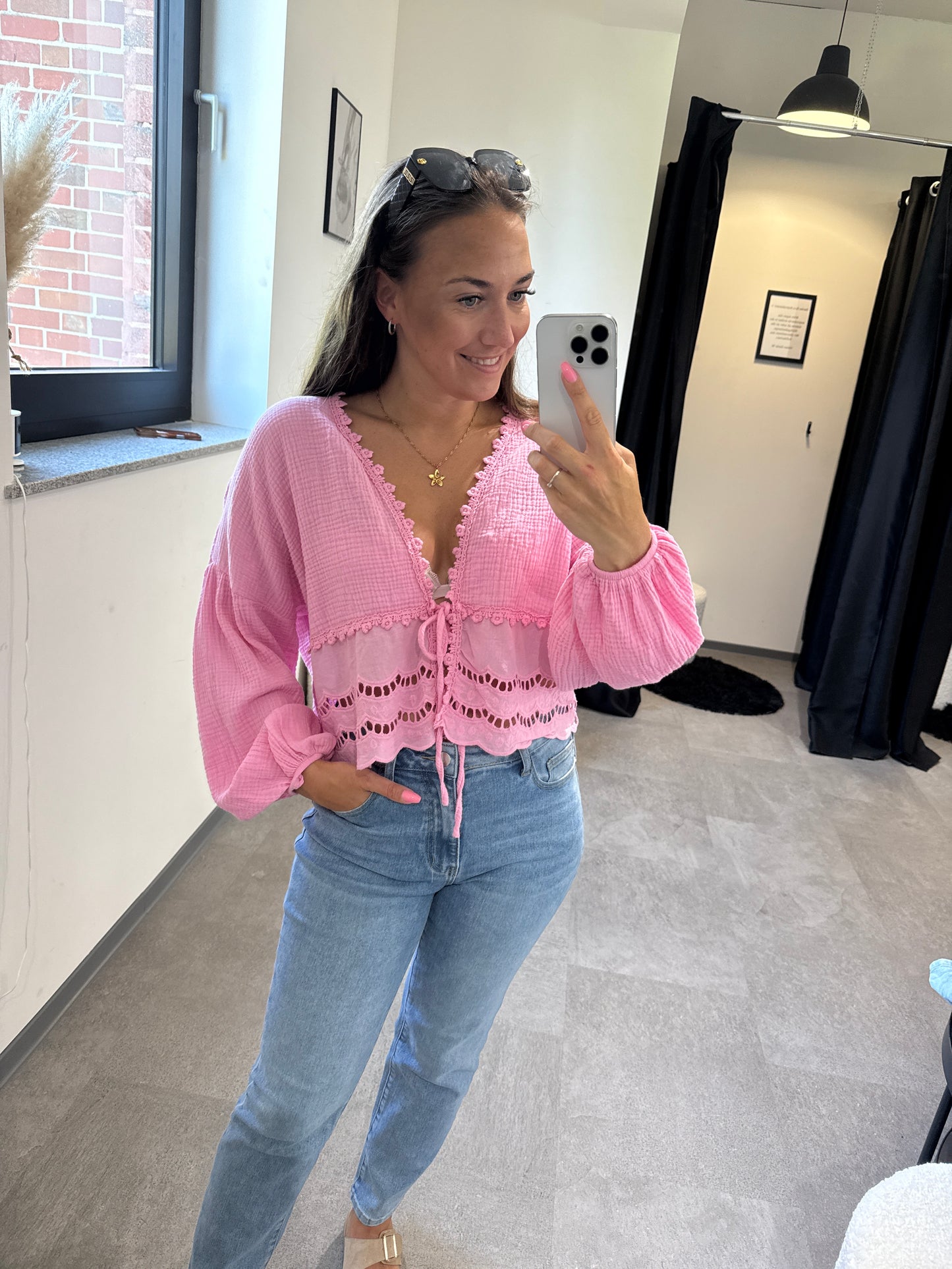 MUSSELINBLUSE MIT SPITZE -1222- ROSA