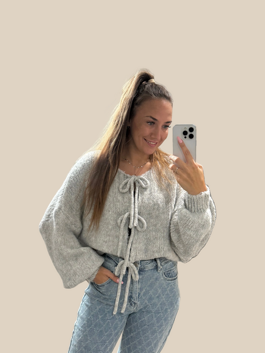 STRICKJACKE MIT SCHLEIFEN -6799- GRAU - Sarahs Modeboutique