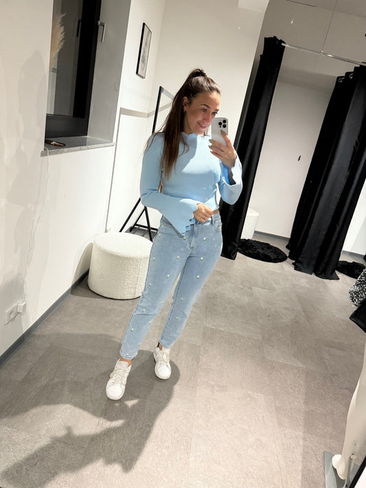 Basicshirt mit Trompetenärmel -6779- hellblau - Sarahs Modeboutique