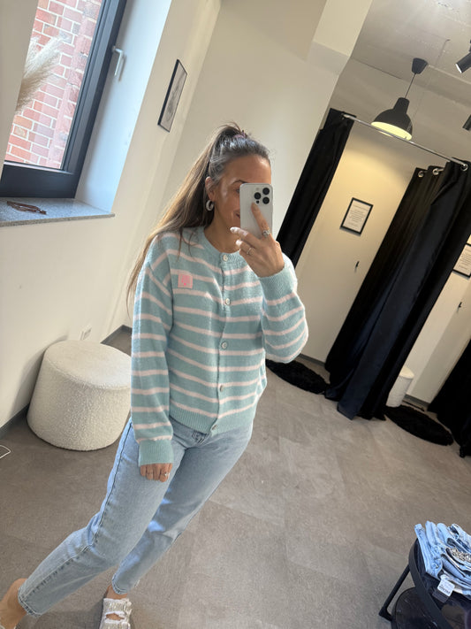 Strickjacke -6785-hellblau/weiß - Sarahs Modeboutique