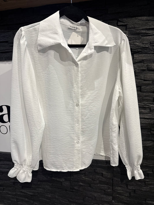 BLUSE BASIC MIT GERAFFTEM ÄRMEL -3448- WEIẞ - Sarahs Modeboutique