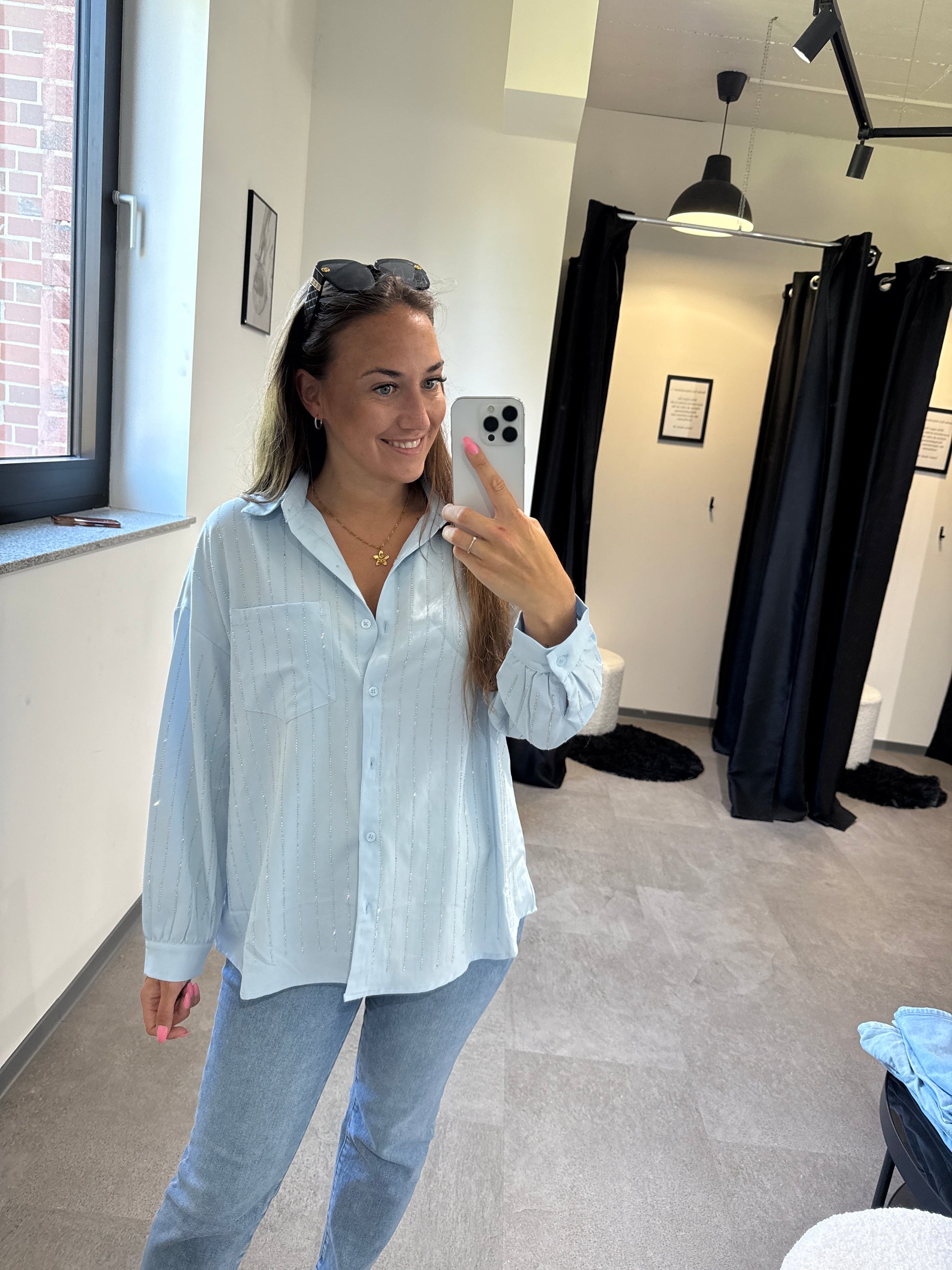 Strassbluse -1385- blau - Sarahs Modeboutique