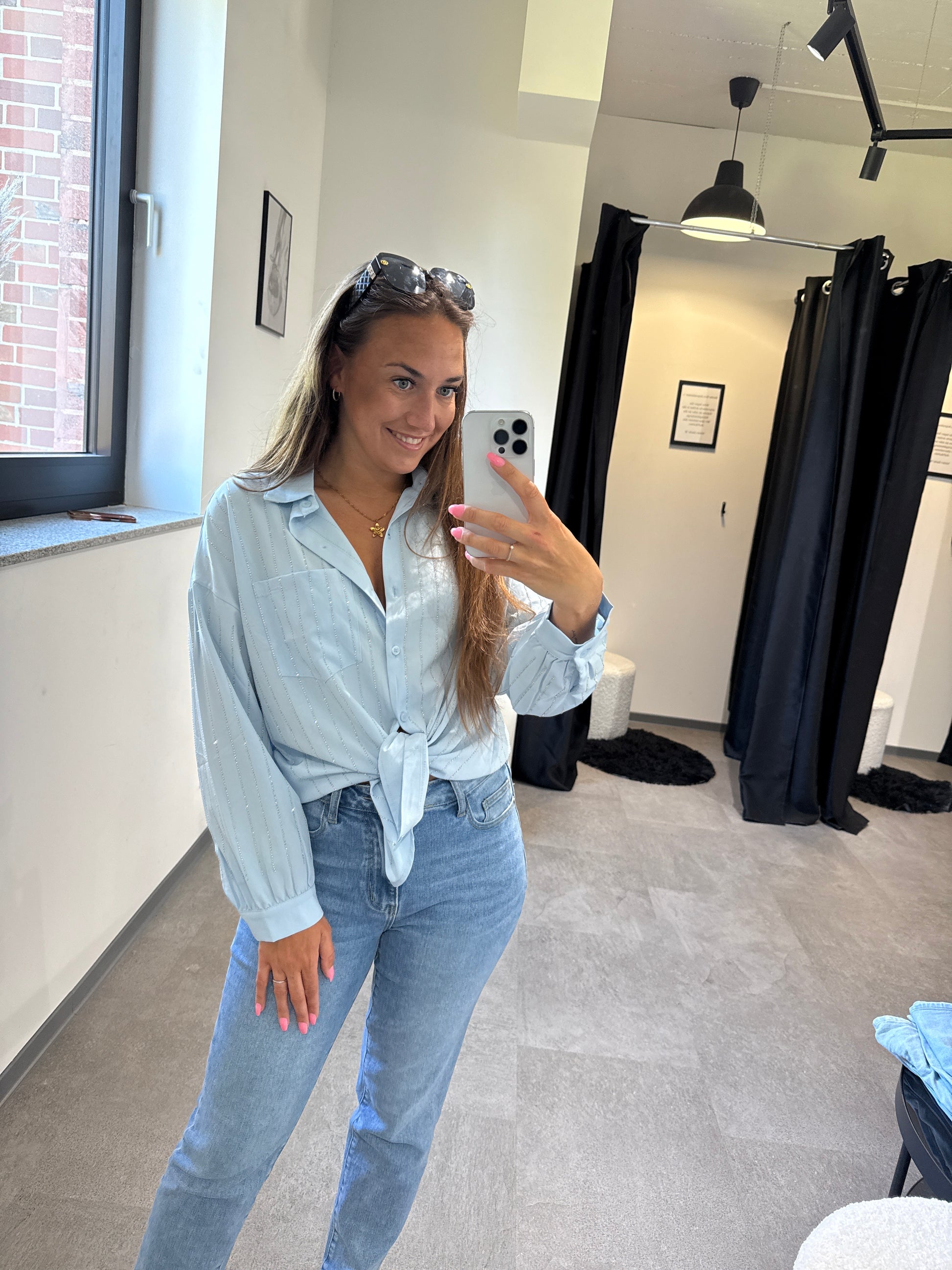 Strassbluse -1385- blau - Sarahs Modeboutique