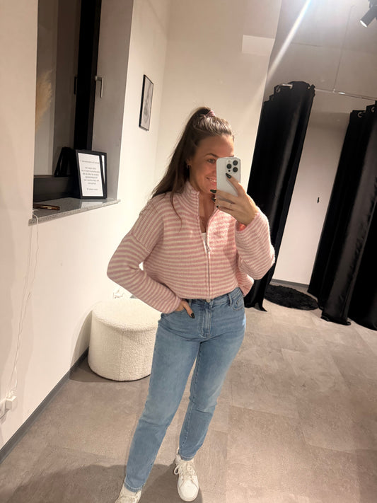 GESTREIFTE STRICKJACKE MIT REISSVERSCHLUSS -4334- ROSA - Sarahs Modeboutique