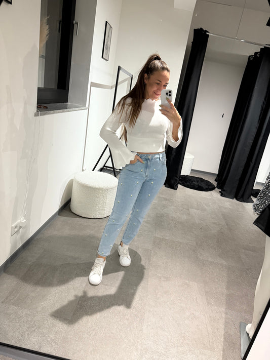 Basicshirt mit Trompetenärmel -6779- weiß - Sarahs Modeboutique