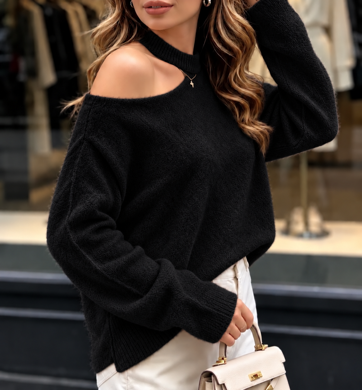 PULLOVER MIT CUT-OUT -9013- SCHWARZ