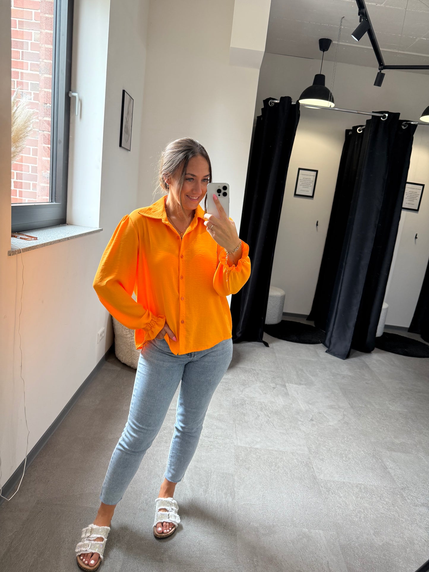 Bluse Basic mit gerafftem Ärmel -3448- ORANGE - Sarahs Modeboutique