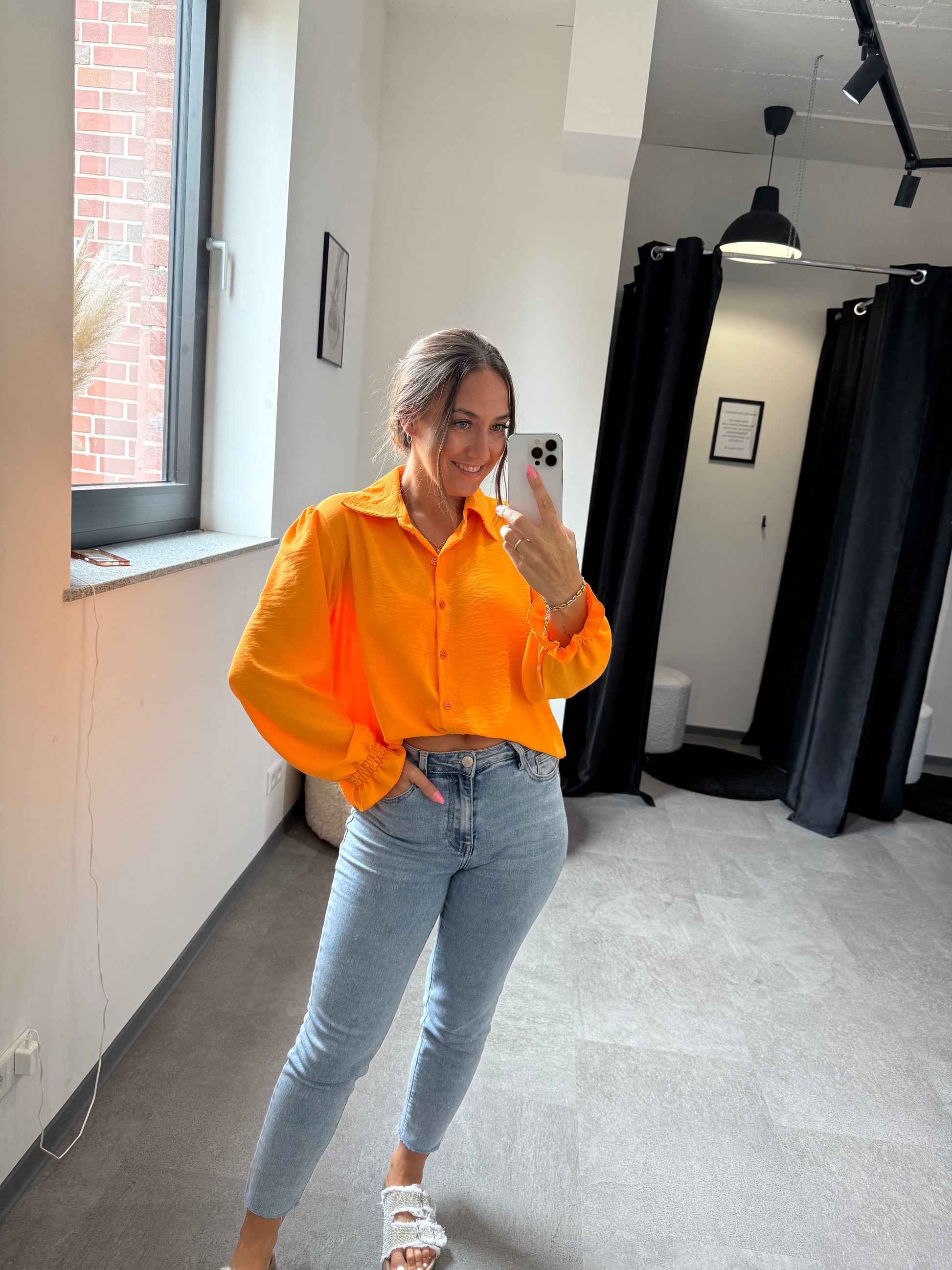 Bluse Basic mit gerafftem Ärmel -3448- ORANGE - Sarahs Modeboutique
