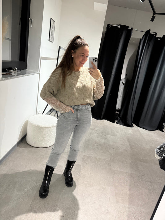 Pulli mit Spitzenärmeln -3451- beige - Sarahs Modeboutique